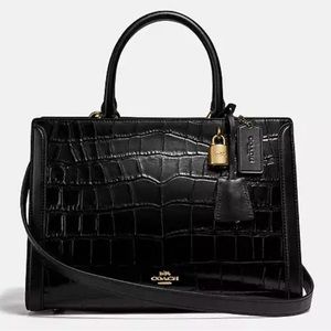 Coach Zoey CarryAll in black leather crocodile print.